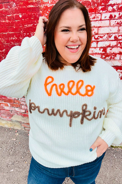 Spotlight Lurex Embroidered Neon "Hello Pumpkin" Chunky Sweater-Authentically Radd Women's Online Boutique in Endwell, New York