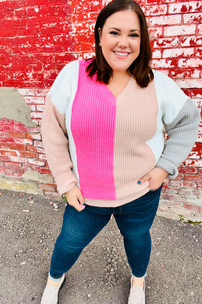 Pink & Taupe V Neck Color Block Sweater Top-Authentically Radd Women's Online Boutique in Endwell, New York