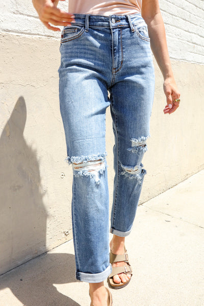 Judy Blue High-Rise Boyfriend Cuffed Hem Distressed Jeans-Authentically Radd Women's Online Boutique in Endwell, New York