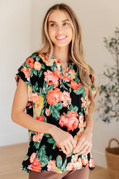 Lizzy Cap Sleeve Top in Black Garden Floral-Womens-Authentically Radd Women's Online Boutique in Endwell, New York