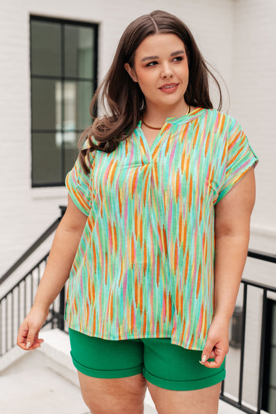 Lizzy Cap Sleeve Top in Lime and Emerald Multi Stripe-Tops-Authentically Radd Women's Online Boutique in Endwell, New York