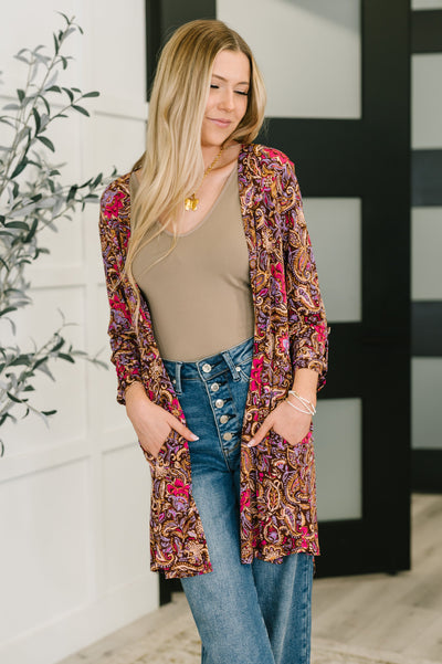 Lizzy Cardigan in Chocolate Paisley-Womens-Authentically Radd Women's Online Boutique in Endwell, New York
