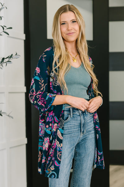 Lizzy Cardigan in Hunter Green Floral Paisley-Womens-Authentically Radd Women's Online Boutique in Endwell, New York