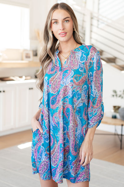 Lizzy Dress in Teal and Pink Paisley-Dresses-Authentically Radd Women's Online Boutique in Endwell, New York