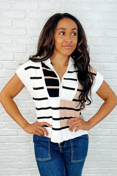 Lonely Traveler Striped Quarter Zip Vest in White-Womens-Authentically Radd Women's Online Boutique in Endwell, New York