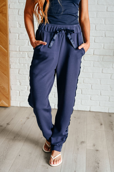 Lysa Satin Stripe Lounge Pants in Smoky Navy-Athleisure-Authentically Radd Women's Online Boutique in Endwell, New York