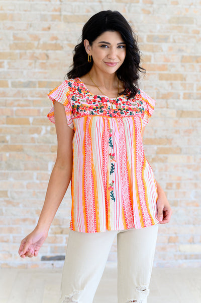 Orange Blossoms Flutter Sleeve Blouse-Tops-Authentically Radd Women's Online Boutique in Endwell, New York