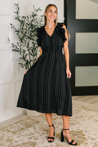 Pinstripe Romance V-Neck Ruffle Sleeve Dress in Black-Womens-Authentically Radd Women's Online Boutique in Endwell, New York
