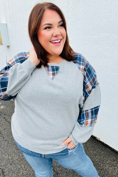 Face The Day Grey/Navy Plaid Thermal Raglan Pullover-Authentically Radd Women's Online Boutique in Endwell, New York
