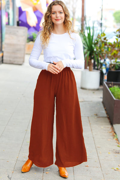 Relaxed Fun Rust Smocked Waist Palazzo Pants-Authentically Radd Women's Online Boutique in Endwell, New York