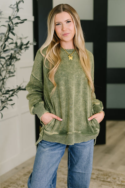 Safe and Secure Mineral Wash Pullover in Light Olive-Womens-Authentically Radd Women's Online Boutique in Endwell, New York