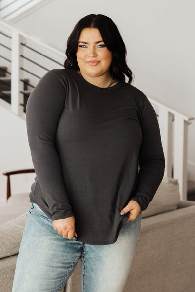 Scoop Me Up Long Sleeve Top in Ash Grey-Tops-Authentically Radd Women's Online Boutique in Endwell, New York
