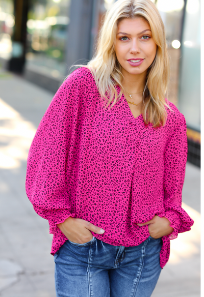 Get Ready Fuchsia Leopard V Neck Smocked Top-Authentically Radd Women's Online Boutique in Endwell, New York