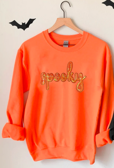 SPOOKY Sequins Patches ORANGE SWEATSHIRT-Graphic Tee-Authentically Radd Women's Online Boutique in Endwell, New York