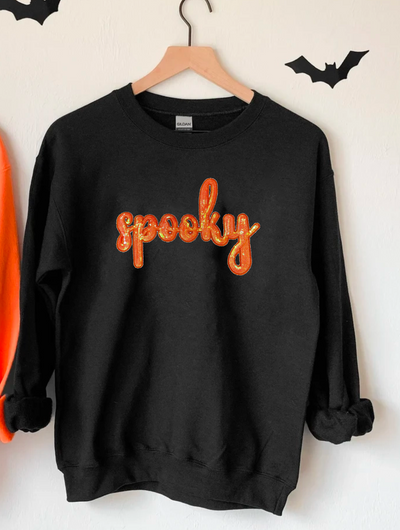 SPOOKY Sequins Patches BLACK SWEATSHIRT-Graphic Tee-Authentically Radd Women's Online Boutique in Endwell, New York