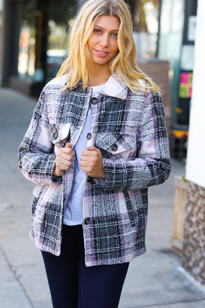 Blush & Grey Flannel Plaid Pocketed Oversize Jacket-Authentically Radd Women's Online Boutique in Endwell, New York