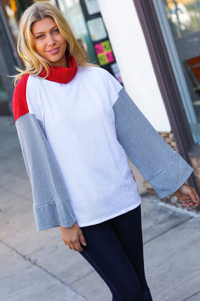 Red/White Hacci Color Block Jacquard Knit Turtleneck-Authentically Radd Women's Online Boutique in Endwell, New York