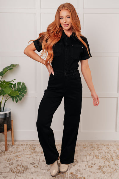 Tilda Short Sleeve Control Top Denim Jumpsuit-Womens-Authentically Radd Women's Online Boutique in Endwell, New York