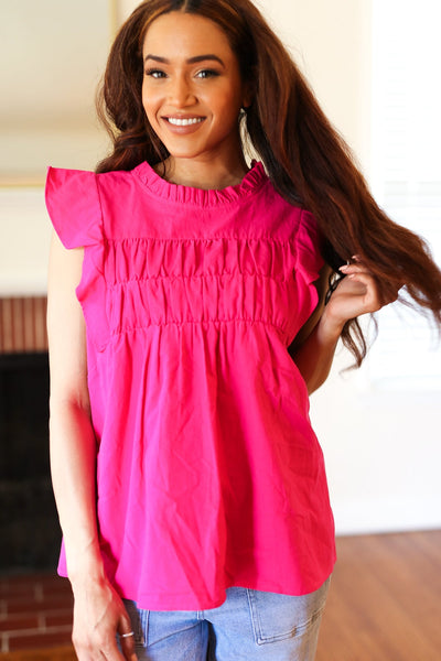 Love Life Cotton Fuchsia Frill Mock Neck Flutter Sleeve Top-Authentically Radd Women's Online Boutique in Endwell, New York