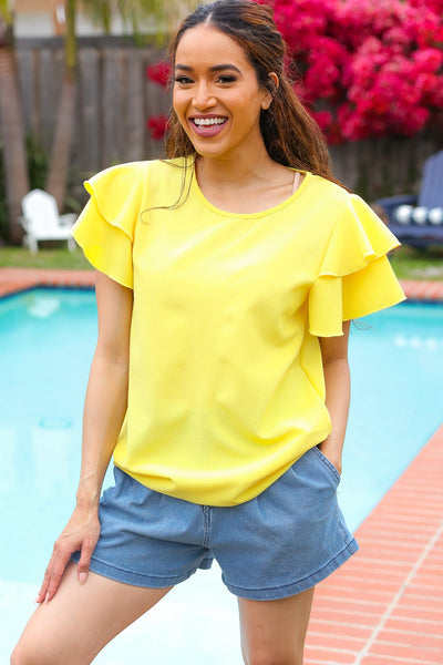 Lovely In Yellow Tiered Double Ruffle Sleeve Woven Top-2024 Summer Blow Out Sale-Authentically Radd Women's Online Boutique in Endwell, New York