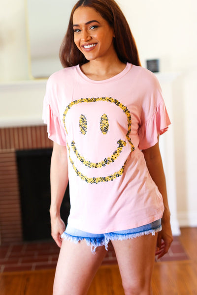 Live For Today Pink Floral Smiley Face Flutter Sleeve Tee-Authentically Radd Women's Online Boutique in Endwell, New York