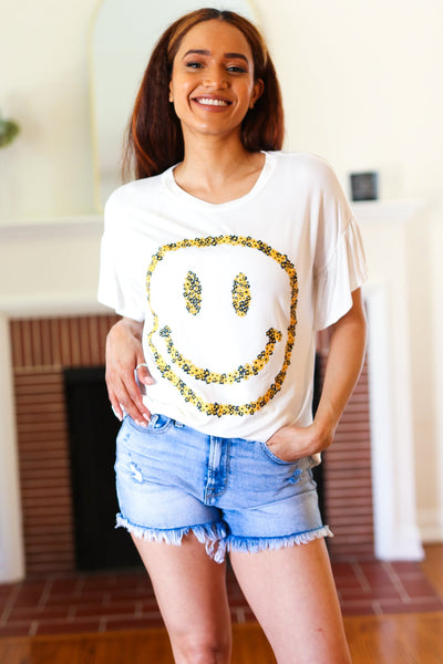 Live For Today White Floral Smiley Face Flutter Sleeve Tee-Authentically Radd Women's Online Boutique in Endwell, New York