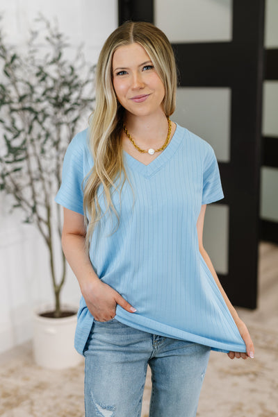 Top Shelf Basic V-Neck Ribbed Tee in Sky Blue-Womens-Authentically Radd Women's Online Boutique in Endwell, New York