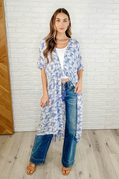 Tropical Print Gauze Kimono with Elastic Waist Tie in Periwinkle-Womens-Authentically Radd Women's Online Boutique in Endwell, New York