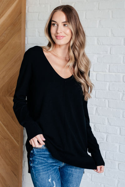 V-Neck Front Seam Sweater in Black-Tops-Authentically Radd Women's Online Boutique in Endwell, New York