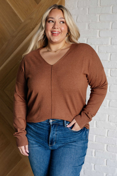 V-Neck Front Seam Sweater in Deep Camel-Tops-Authentically Radd Women's Online Boutique in Endwell, New York