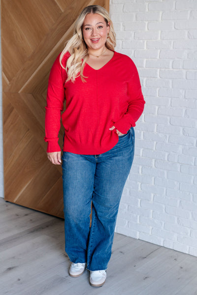 V-Neck Front Seam Sweater in Heather Red-Tops-Authentically Radd Women's Online Boutique in Endwell, New York