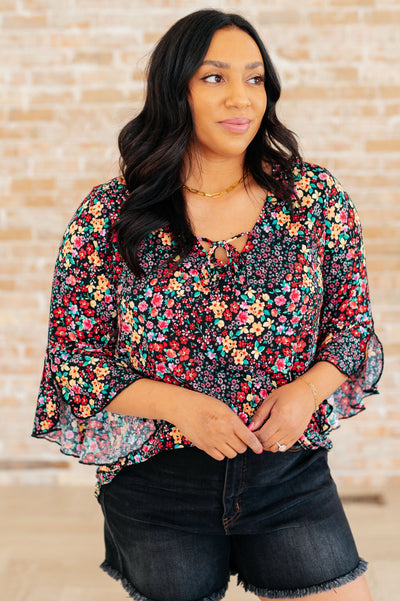 Willow Bell Sleeve Top in Black Multi Ditsy Floral-Tops-Authentically Radd Women's Online Boutique in Endwell, New York