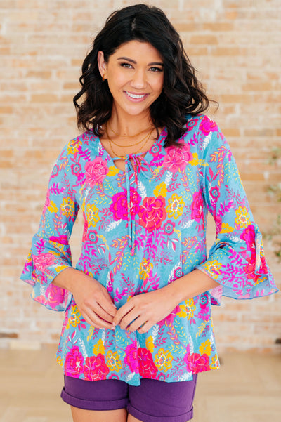 Willow Bell Sleeve Top in Bright Blue Floral-Tops-Authentically Radd Women's Online Boutique in Endwell, New York