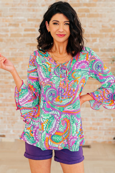 Willow Bell Sleeve Top in Lavender Mint Paisley-Tops-Authentically Radd Women's Online Boutique in Endwell, New York
