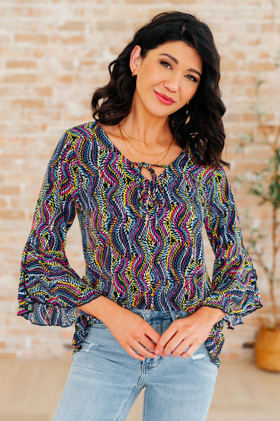 Willow Bell Sleeve Top in Navy Rainbow Rope-Tops-Authentically Radd Women's Online Boutique in Endwell, New York