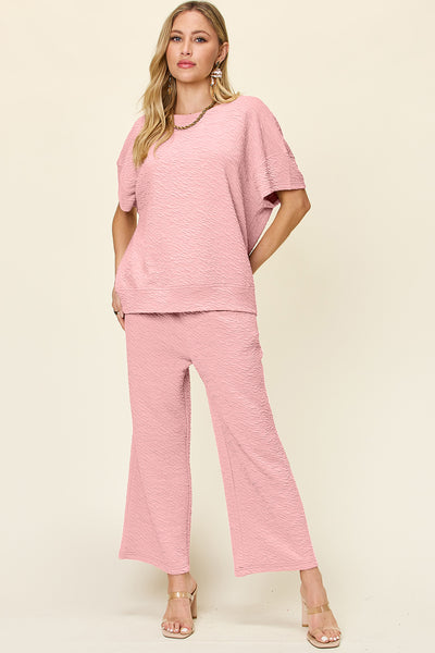 Double Take Textured Short Sleeve Top and Pants Set-Authentically Radd Women's Online Boutique in Endwell, New York