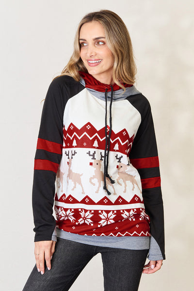Double Take Full Size Christmas Drawstring Long Sleeve Hoodie-Authentically Radd Women's Online Boutique in Endwell, New York