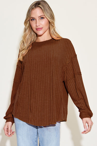 Basic Bae Full Size Ribbed Round Neck Long Sleeve T-Shirt-Authentically Radd Women's Online Boutique in Endwell, New York