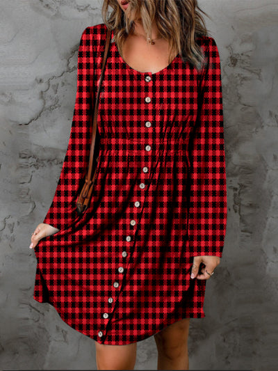 Double Take Full Size Plaid Round Neck Long Sleeve Magic Dress-Authentically Radd Women's Online Boutique in Endwell, New York
