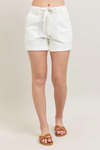 Judy Blue Day Off Shorts – White Drawstring Denim with Pockets (S-XL)-Authentically Radd Women's Online Boutique in Endwell, New York