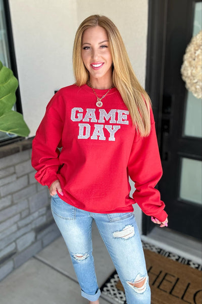 PREORDER: Embroidered Glitter Game Day Sweatshirt in Red/Silver-Womens-Authentically Radd Women's Online Boutique in Endwell, New York