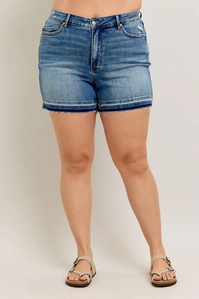 Judy Blue Plus Size Mr Tummy Control Vintage Wash Release Hem Shorts-Authentically Radd Women's Online Boutique in Endwell, New York