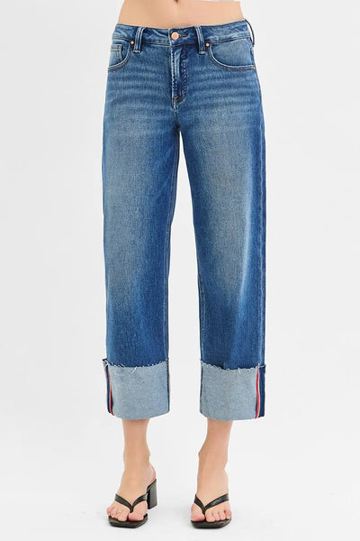 RISEN Tummy Control Mid Rise Crop Wide Cuffed Jeans-Authentically Radd Women's Online Boutique in Endwell, New York