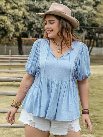 Plus Size Swiss Dot Tie Neck Short Sleeve Blouse-Authentically Radd Women's Online Boutique in Endwell, New York