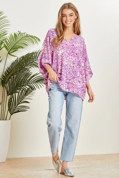 Printed Poncho Woven Top in Orchid-Tops-Authentically Radd Women's Online Boutique in Endwell, New York