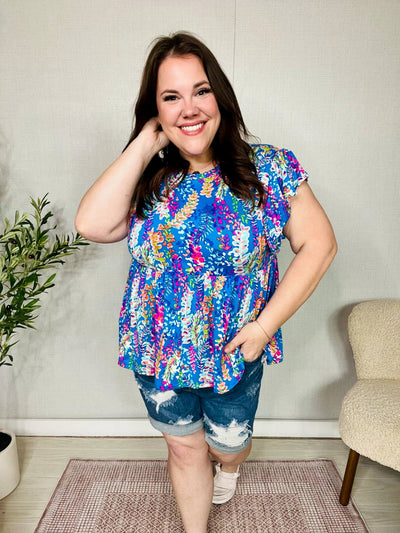 Perfect Find Blue Floral Leaf Print Short Sleeve Babydoll Top-Authentically Radd Women's Online Boutique in Endwell, New York