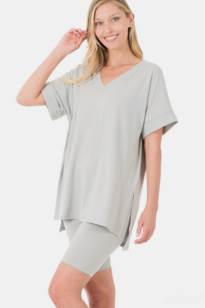 Zenana Full Size V-Neck Short Sleeve Slit T-Shirt and Shorts Set-Authentically Radd Women's Online Boutique in Endwell, New York