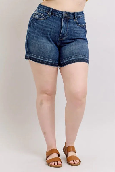 Judy Blue Plus Size HW Tummy Control Destroy Release Hem Denim Shorts-Authentically Radd Women's Online Boutique in Endwell, New York