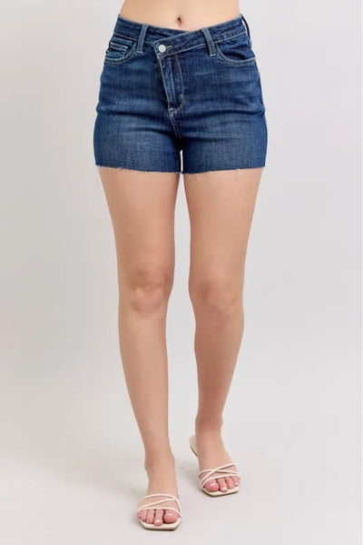 Judy Blue Midnight Magic Criss Cross Shorts (S-XL)-Authentically Radd Women's Online Boutique in Endwell, New York
