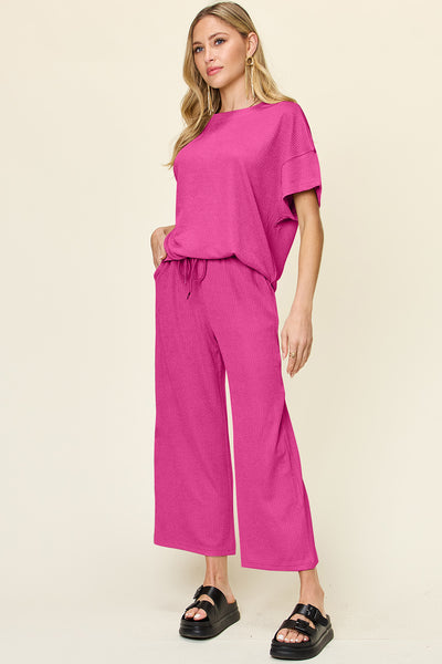 Double Take Textured Round Neck Short Sleeve T-Shirt and Wide Leg Pants-Authentically Radd Women's Online Boutique in Endwell, New York